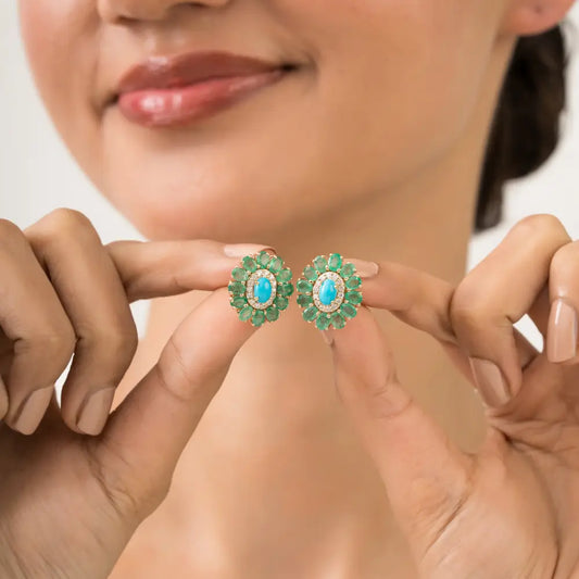 Natural Gemstone Emerald Turquoise & Diamond Floral Halo Stud Earrings 14K Yellow Gold