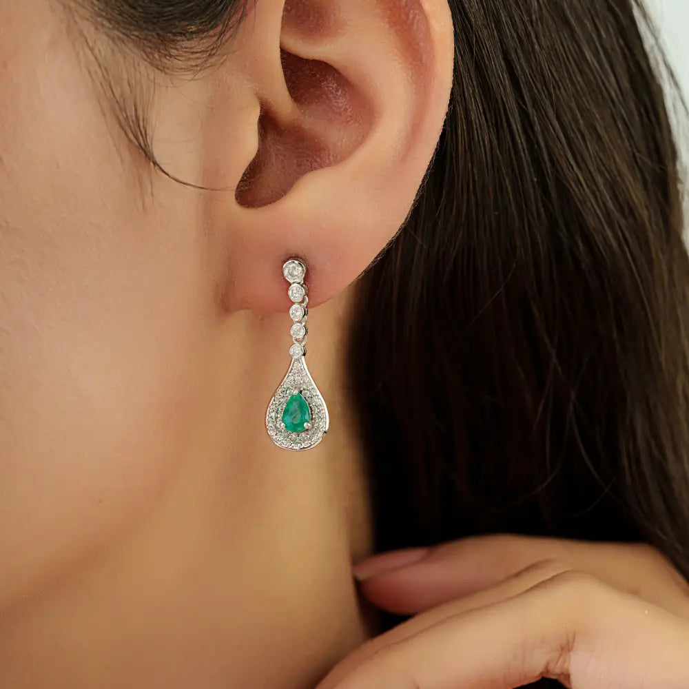 Real K14 White Gold Emerald & Diamond Teardrop Earrings Precious Gemstone Jewelry Supplier