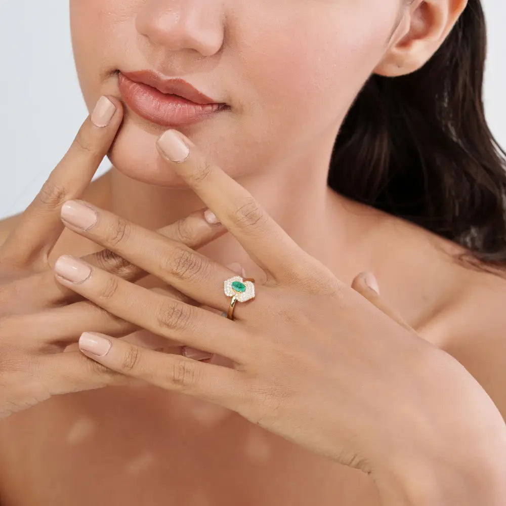 High End Quality Emerald & Diamond Solid K14 Yellow Gold Double Cluster Ring Wedding Jewelry