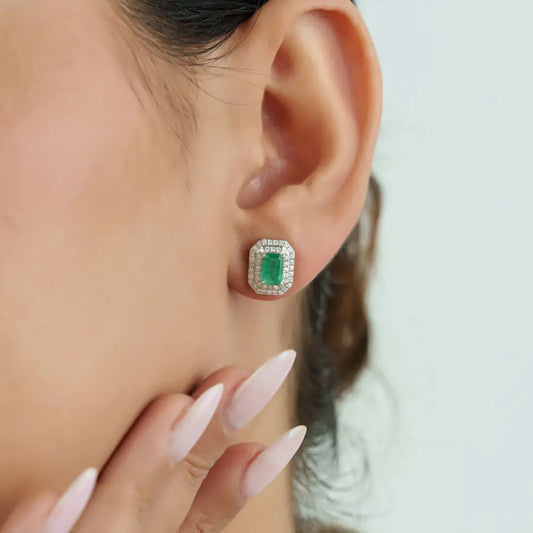 6x4mm Emerald & Diamond K14 White Gold Double Cluster Stud Earrings Mother's Day Gift