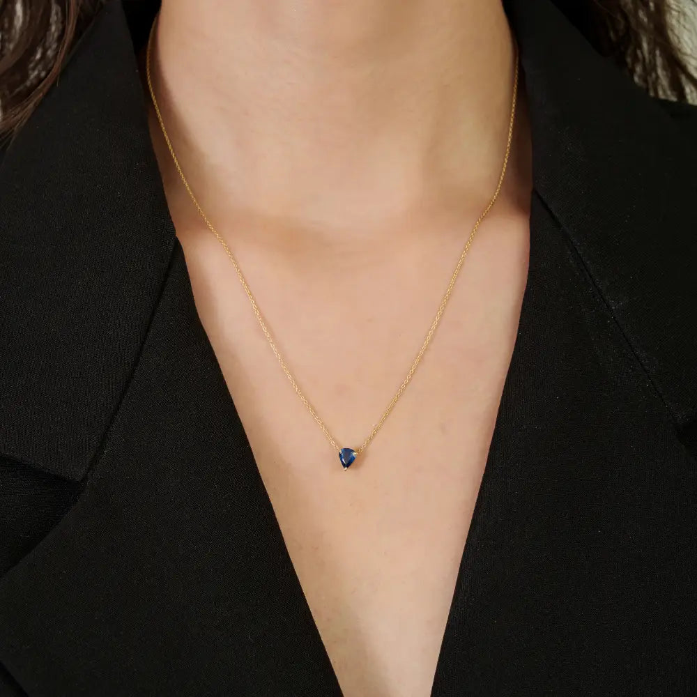 Minimalist Dainty Blue Sapphire Single Stone Pendant Necklace For Girls 18K Yellow Gold