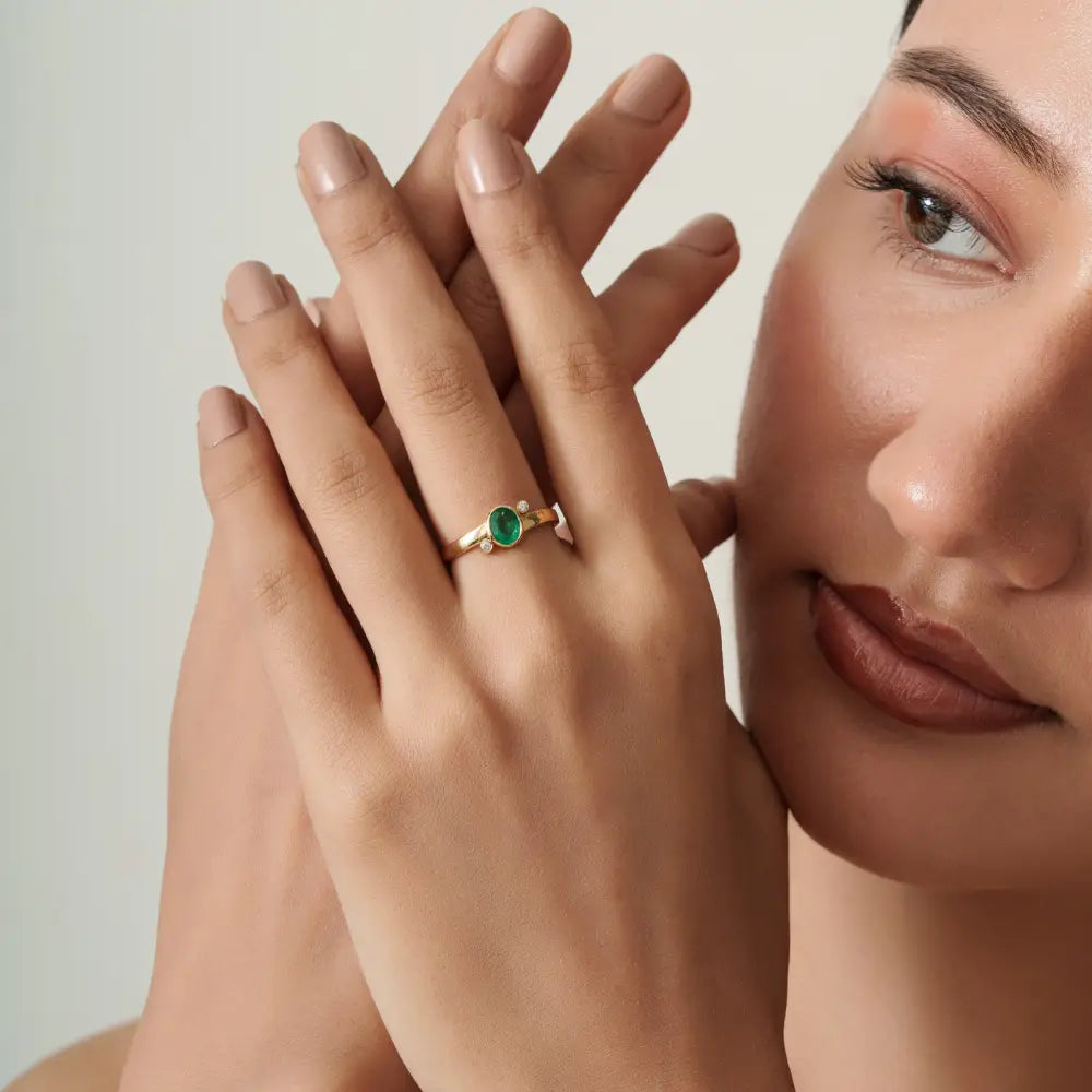 Bezel Set Emerald & Diamond K14 Pure Yellow Gold Minimal Gemstone Ring Stacking Jewelry