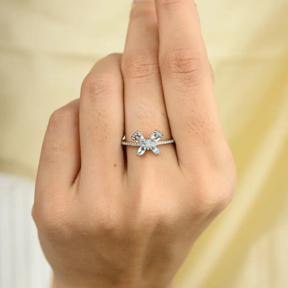 Custom Jewelry 18K Solid White Gold Natural Aquamarine & Diamond Butterfly Ring