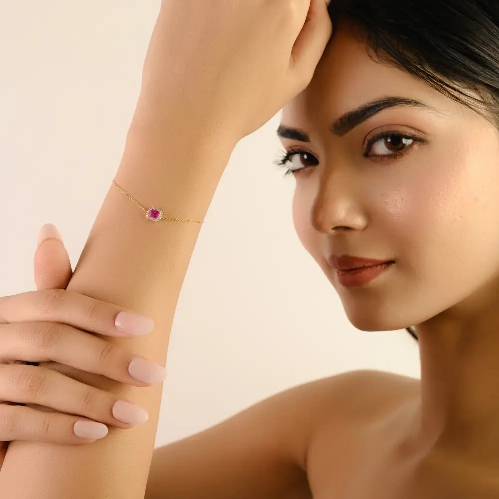 Prong Setting Ruby & Diamond 14K Real Gold Solitaire Halo Bracelet Gift For Wife New Collection