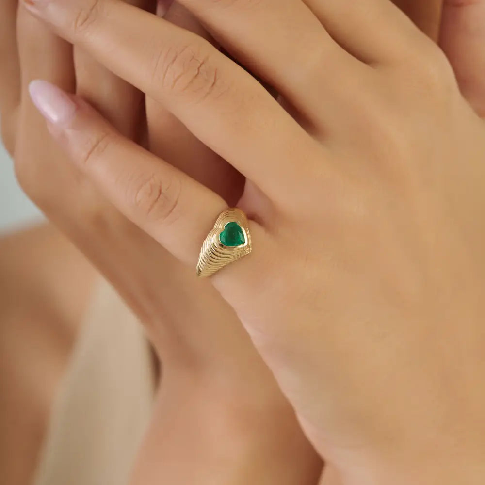 Gypsy Set Emerald K14 Yellow Gold Croissant Pinky Ring Precious Gemstone Bulk Jewelry