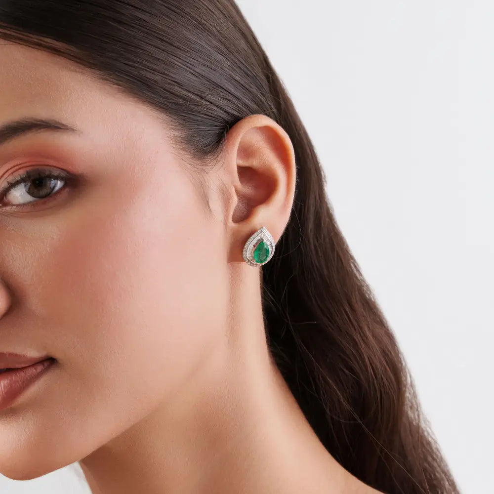 Real 18K White Gold Zambian Emerald & Diamond Pear Shape Double Cluster Stud Earrings