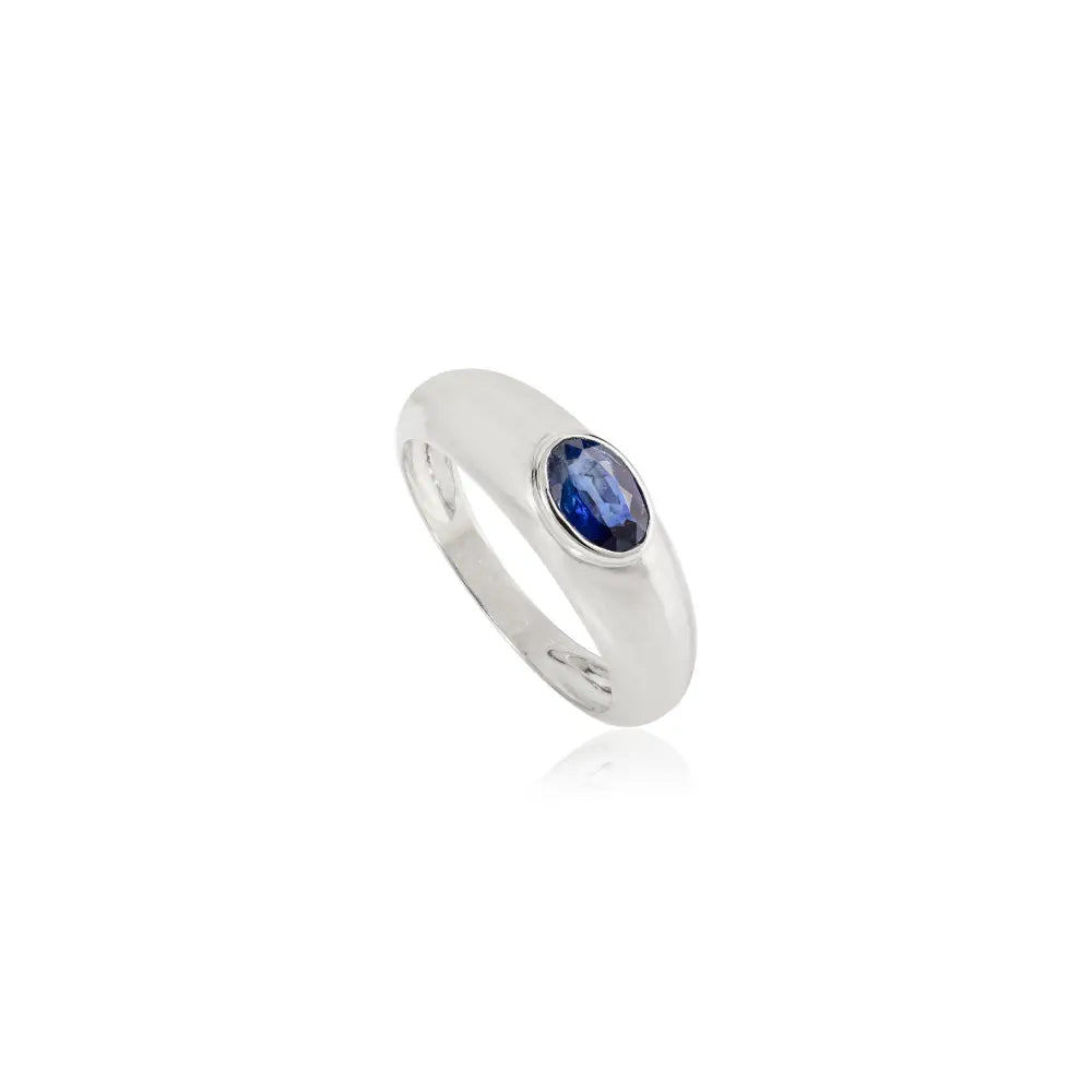 14K Solid White Gold Oval Shape Blue Sapphire Chunky Dome Ring New Collection Jewelry