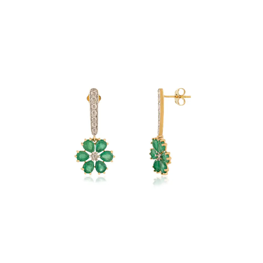 Flower Shape Drop Earrings Featuring In Emerald & Diamond K18 Yellow Gold Designer Jewelry