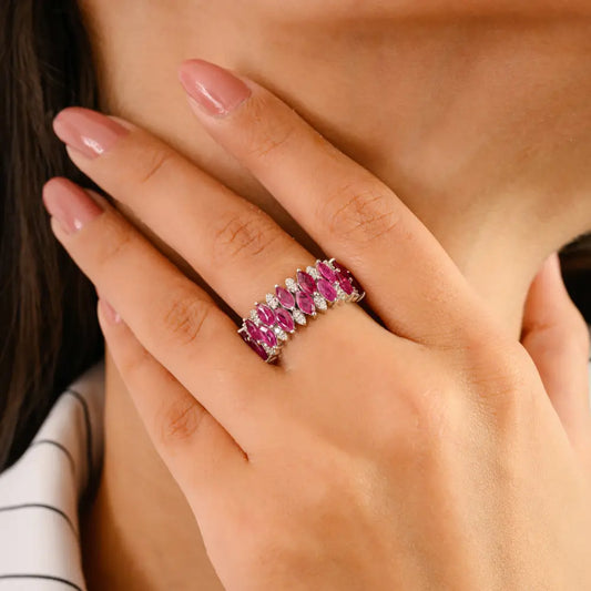 Luxury Genuine Ruby & Diamond Solid 14K White Gold Statement Ring Women Wedding Jewelry