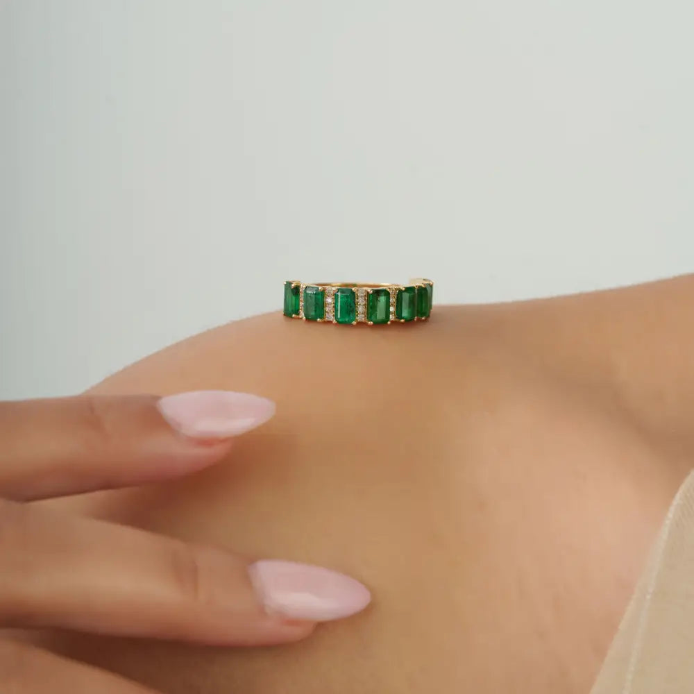 Zambian Emerald & Diamond Fine 18K Yellow Gold Half Eternity Band Ring Precious Jewelry