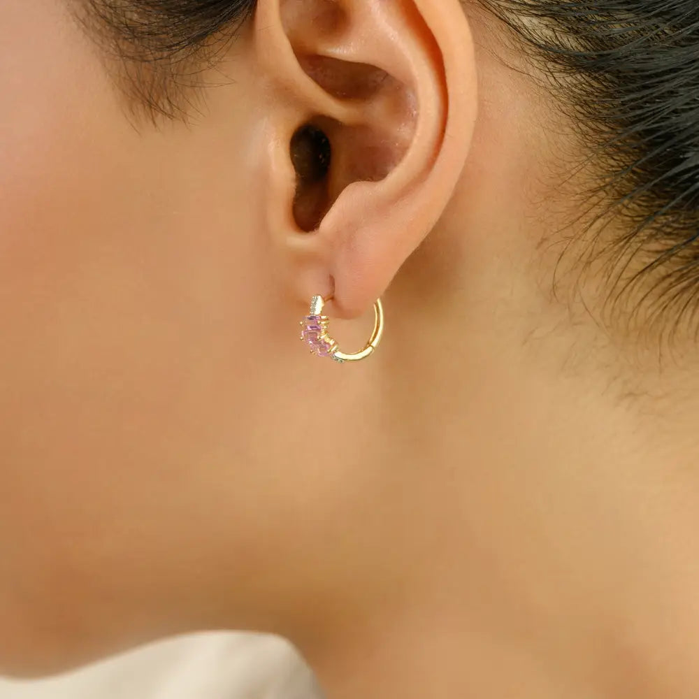 Minimalist Dainty Pink Sapphire & Diamond Fine 14K Solid Gold Huggie Hoop Earrings For Girls