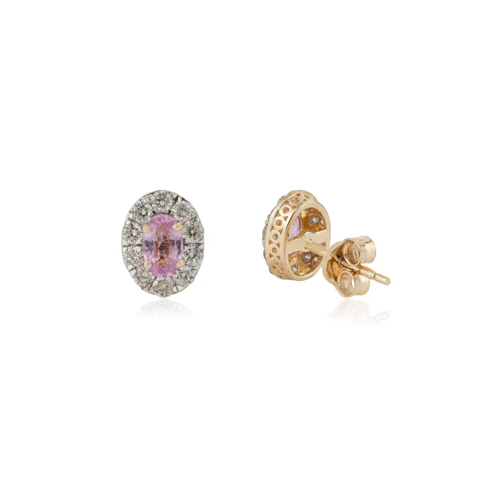 Natural Pink Sapphire & Diamond  Minimal Dainty Halo Stud Earrings K14 Solid Yellow Gold