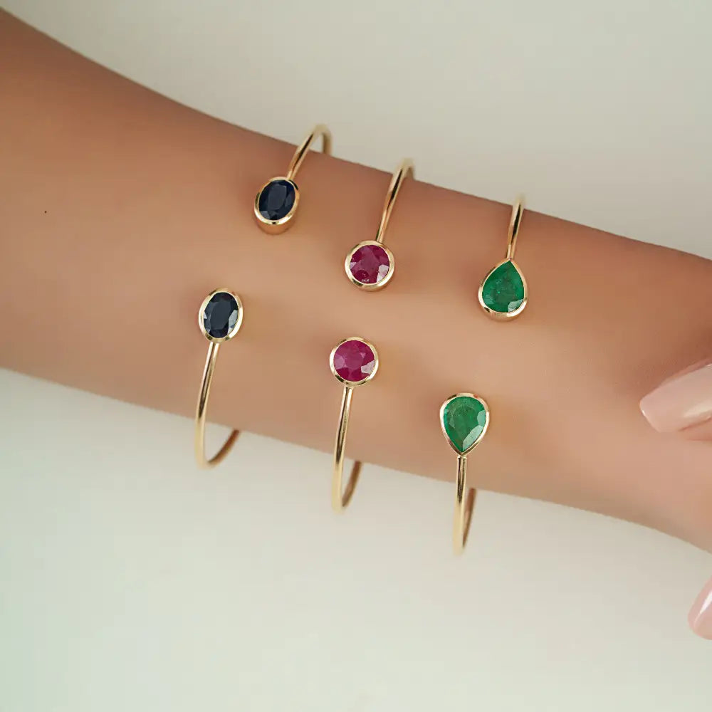 6.5 mm Round Cut Ruby Gemstone Sleek Cuff Bangle Anniversary Gift Solid 14K Yellow Gold
