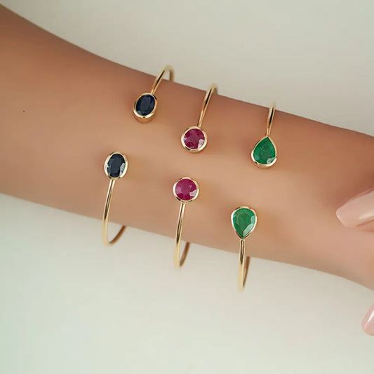 6.5 mm Round Cut Ruby Gemstone Sleek Cuff Bangle Anniversary Gift Solid 14K Yellow Gold