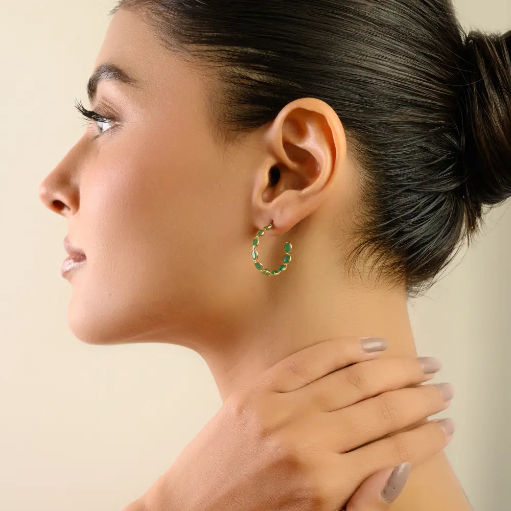 Genuine Emerald Push Back C Hoop Earrings May Birthstone K18 Pure Yellow Gold ODM Jewelry