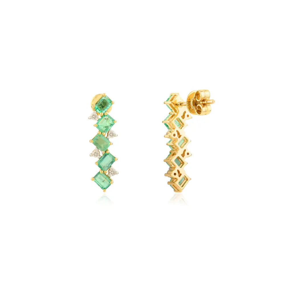 Octagon Cut Emerald & Round Diamond Zig Zag Shape Stud Earrings 14K Yellow Gold