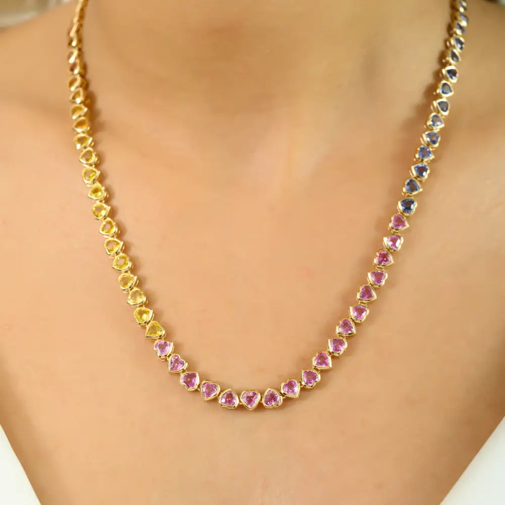 Rainbow Heart Shape Multi Sapphire Bezel Set 14K Solid Gold Tennis Necklace For Women