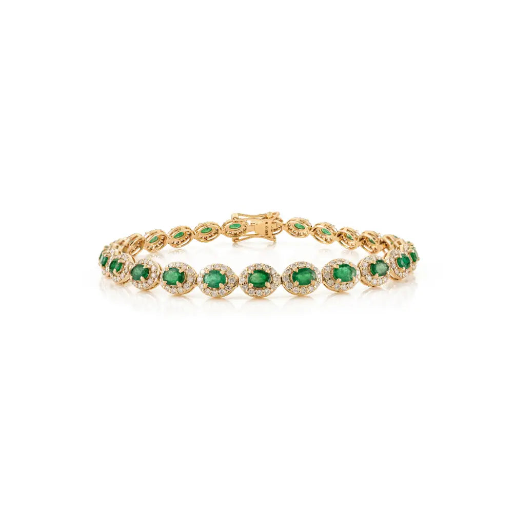 4x3 mm Oval Cut Emerald & Diamond Halo Tennis Bracelet Wedding Gift 14K Yellow Gold