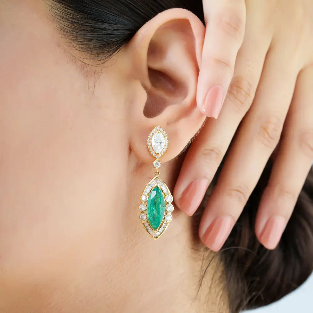 Luxurious Emerald & Diamond Marquise Shape Dangle Earrings Bold Jewelry 14K Yellow Gold