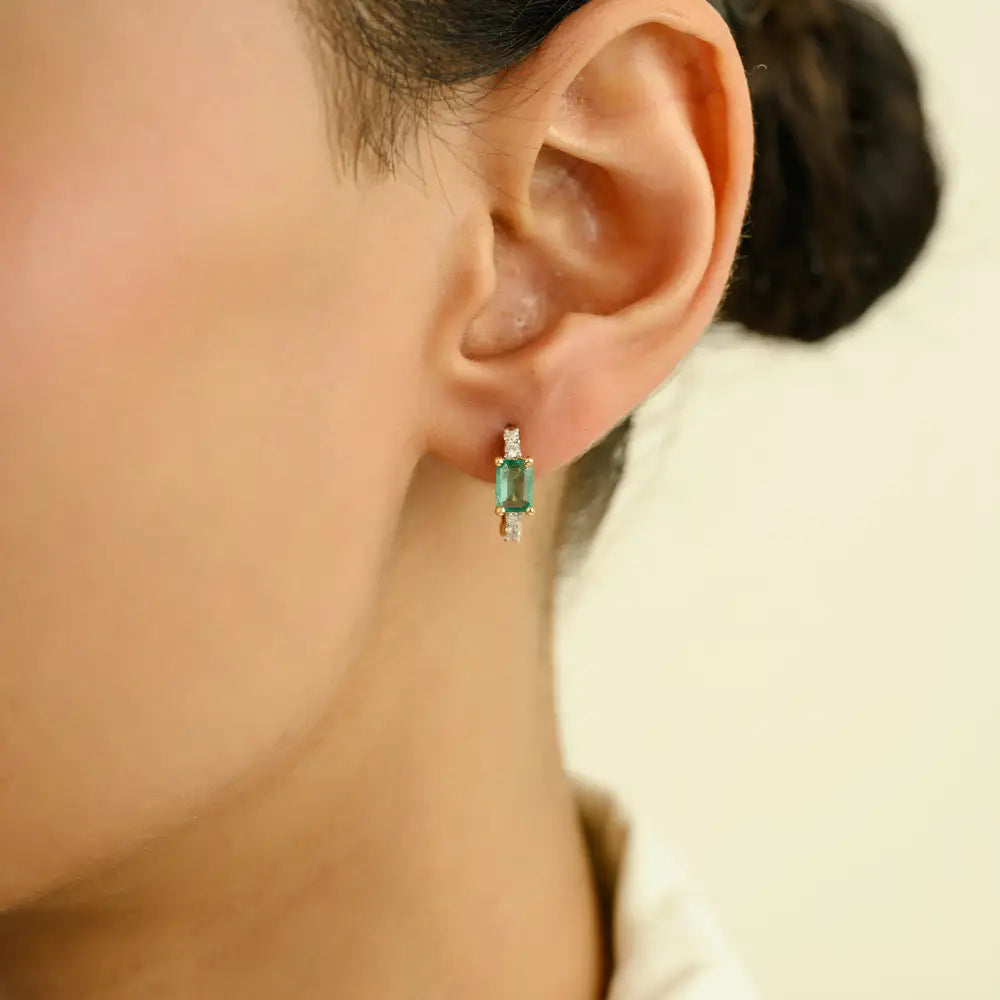 Natural Gemstone Zambian Emerald & Diamond Minimal Hoop Earrings Women 14K Real Gold