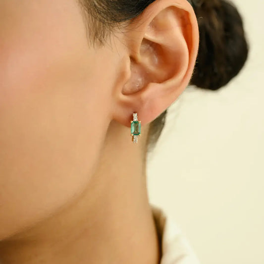 Natural Gemstone Zambian Emerald & Diamond Minimal Hoop Earrings Women 14K Real Gold