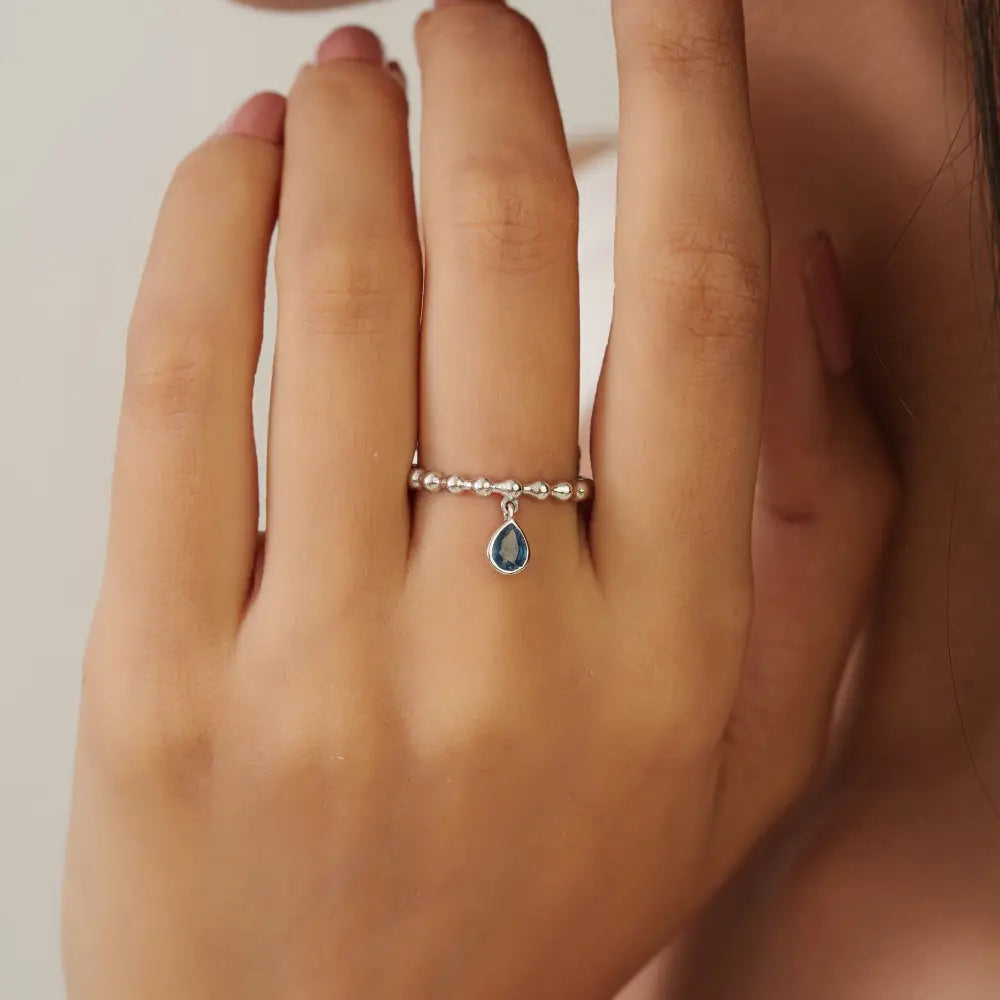Real Blue Sapphire Gemstone Beaded Band Charm Ring Elegant 14K White Gold Bulk Jewelry