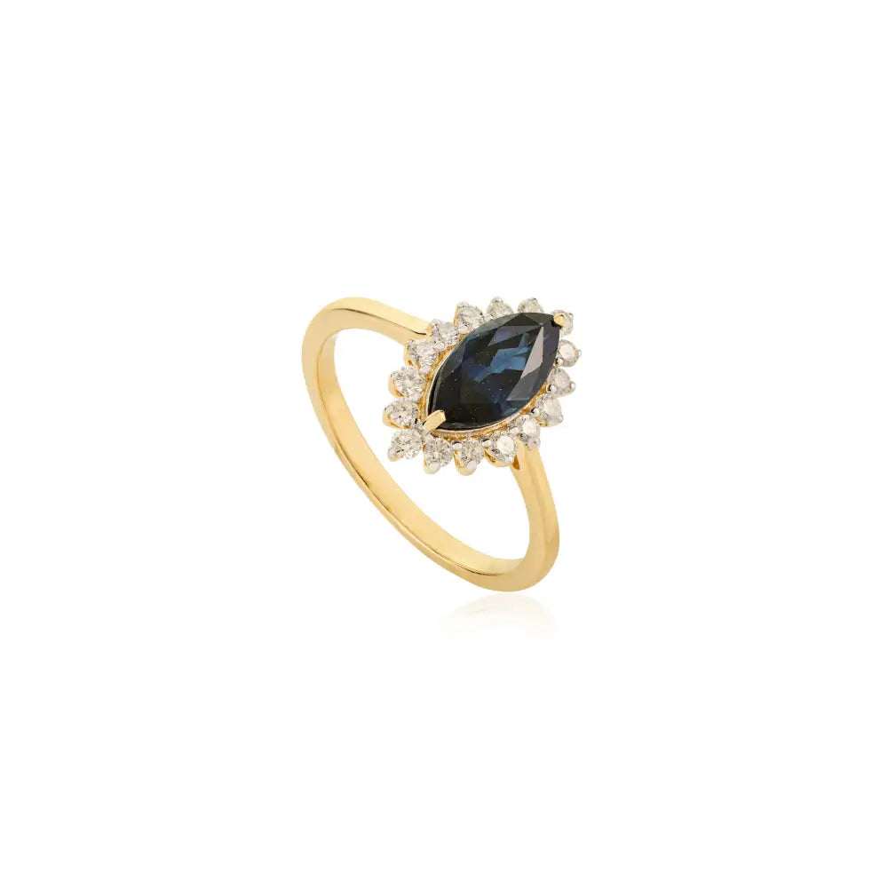 Unique Blue Sapphire & Diamond Marquise Shape Cluster Ring Unisex Real K18 Yellow Gold