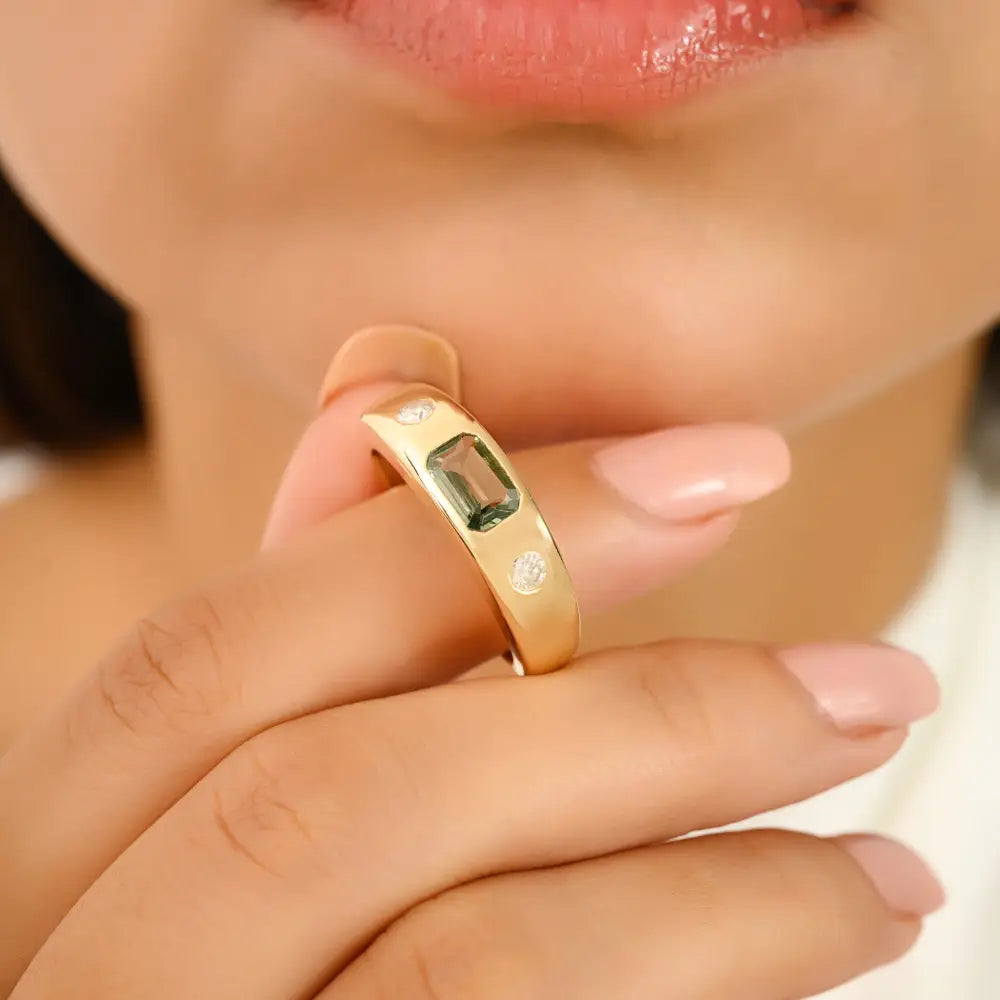 6X4 MM Green Sapphire & Round Diamond Real K14 Yellow Gold Customized Gypsy Chunky Ring