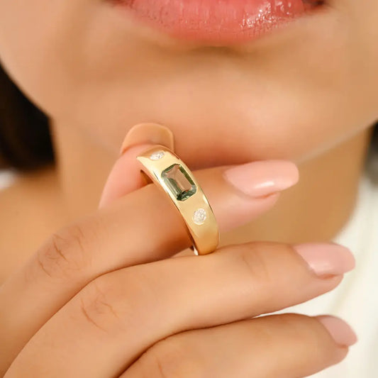 6X4 MM Green Sapphire & Round Diamond Real K14 Yellow Gold Customized Gypsy Chunky Ring