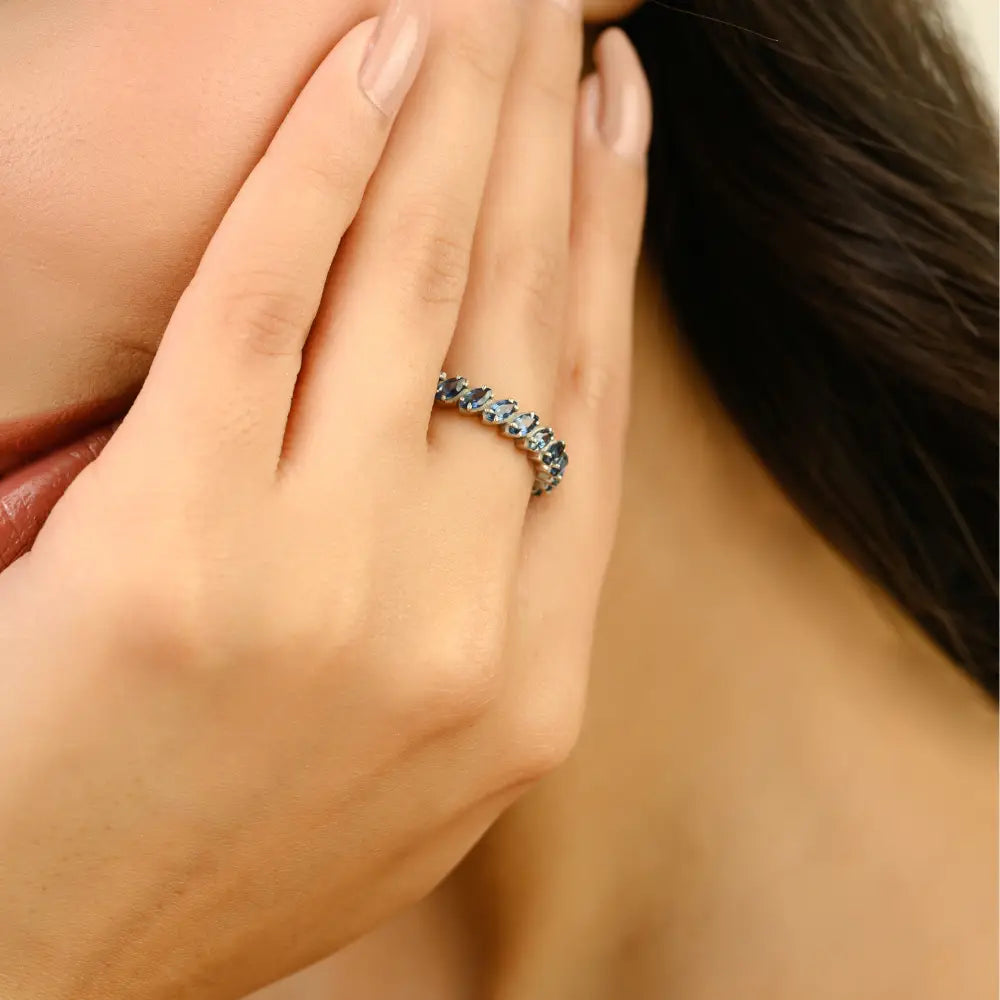 Elegance Style Marquise Shape Blue Sapphire Half Eternity Band Ring K14 White Gold Jewelry