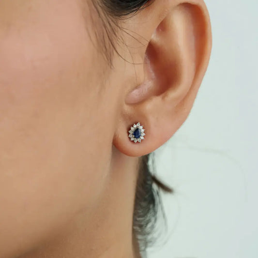 Prong Set Blue Sapphire & Diamond Pure 14K White Gold Cluster Stud Earrings Custom Jewelry