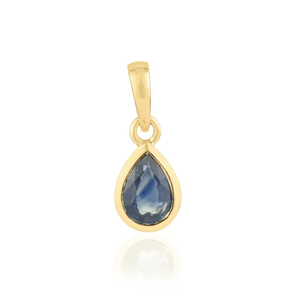14K Yellow Gold Bezel Set Blue Sapphire Teardrop Shape Minimal Pendant Everyday Wear