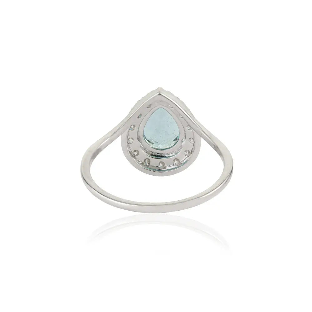 Latest Design Genuine Aquamarine & Diamond Pear Shape Halo Ring 14K Solid White Gold