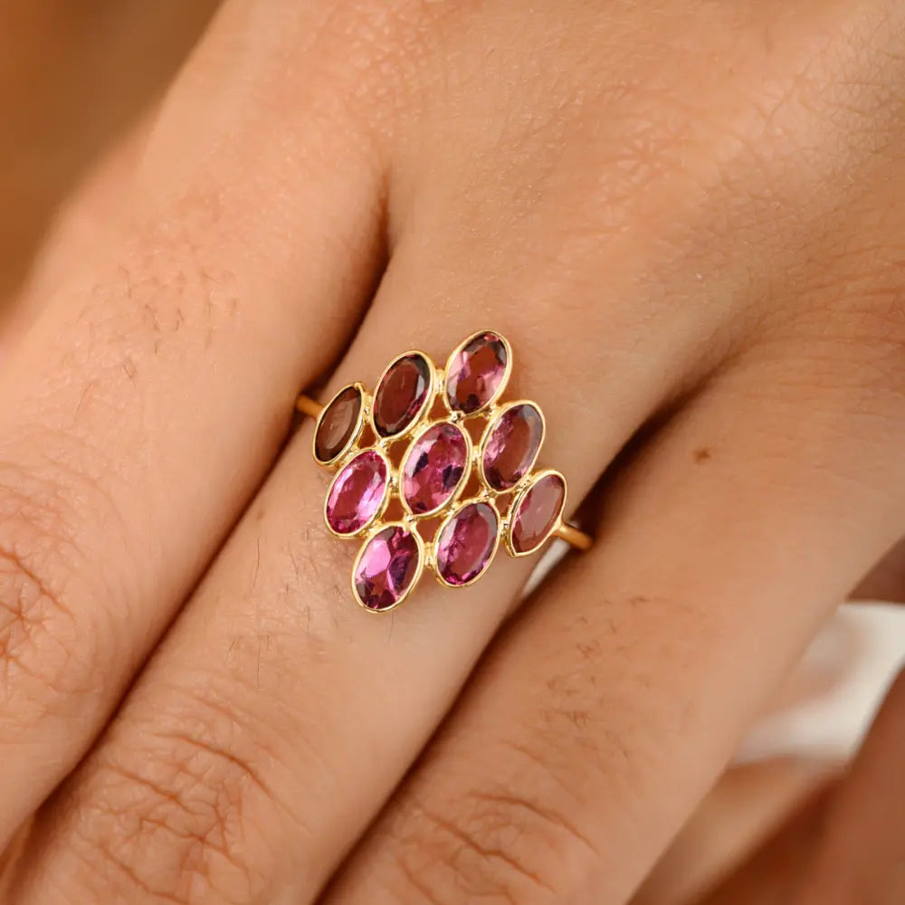 Trending Jewelry 18K Yellow Gold Oval Cut Pink Tourmaline Cluster Ring