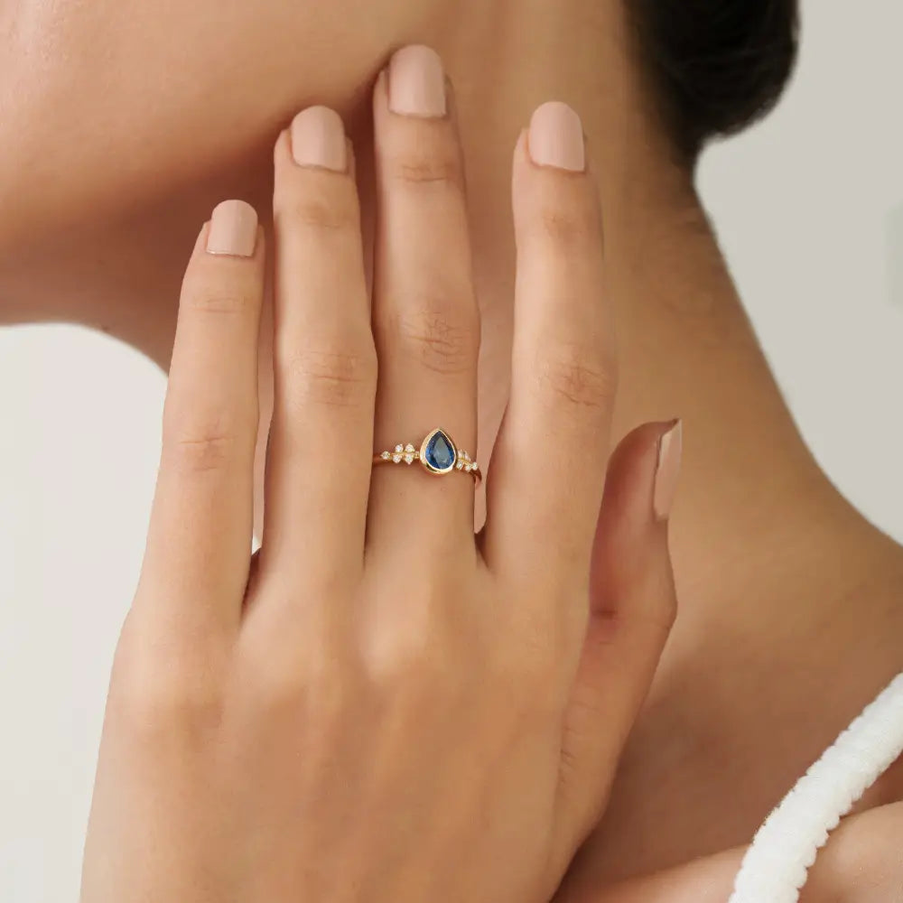 Best Selling Blue Sapphire & Diamond 14K Solid Yellow Gold Engagement Ring Stack Jewelry