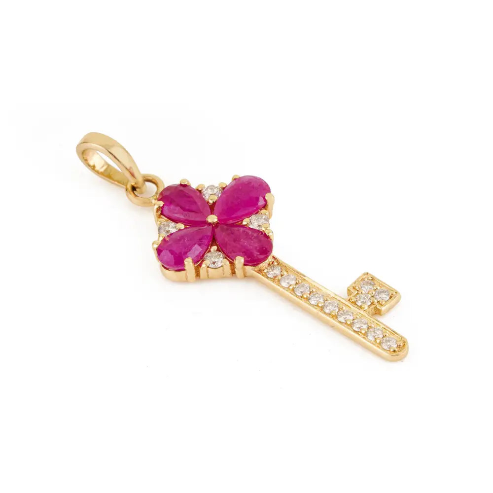 Unique Design 14K Yellow Gold Genuine Ruby & Diamond Key Pendant Customized Jewelry