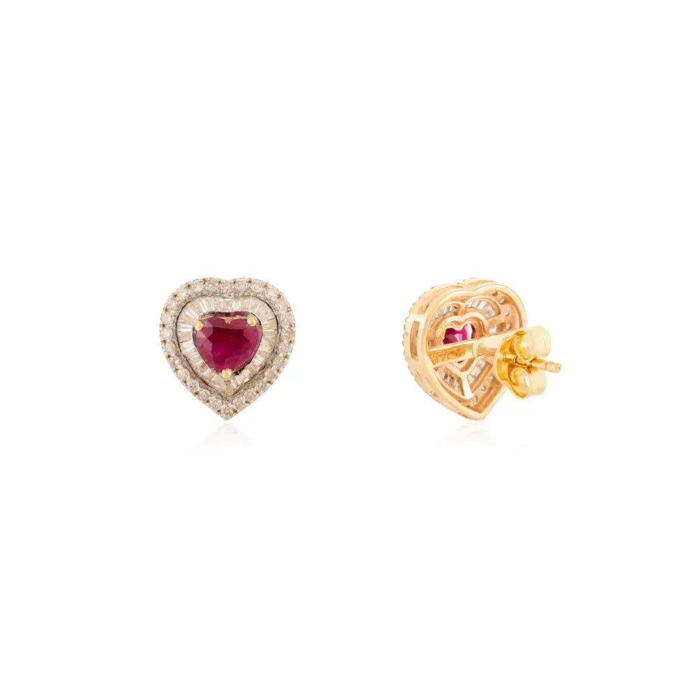 Heart Shape Ruby & Diamond Solid K14 Yellow Gold Double Cluster Stud Earrings For Women