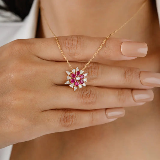 K18 Rose Gold Natural Ruby & Diamond Flower Shape Pendant Chain Necklace For Women