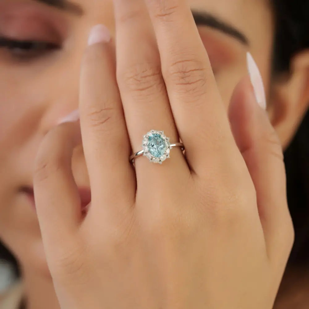 Prong Set Aquamarine & Diamond Cluster Ring New Trendy 14K White Gold Fine Jewelry