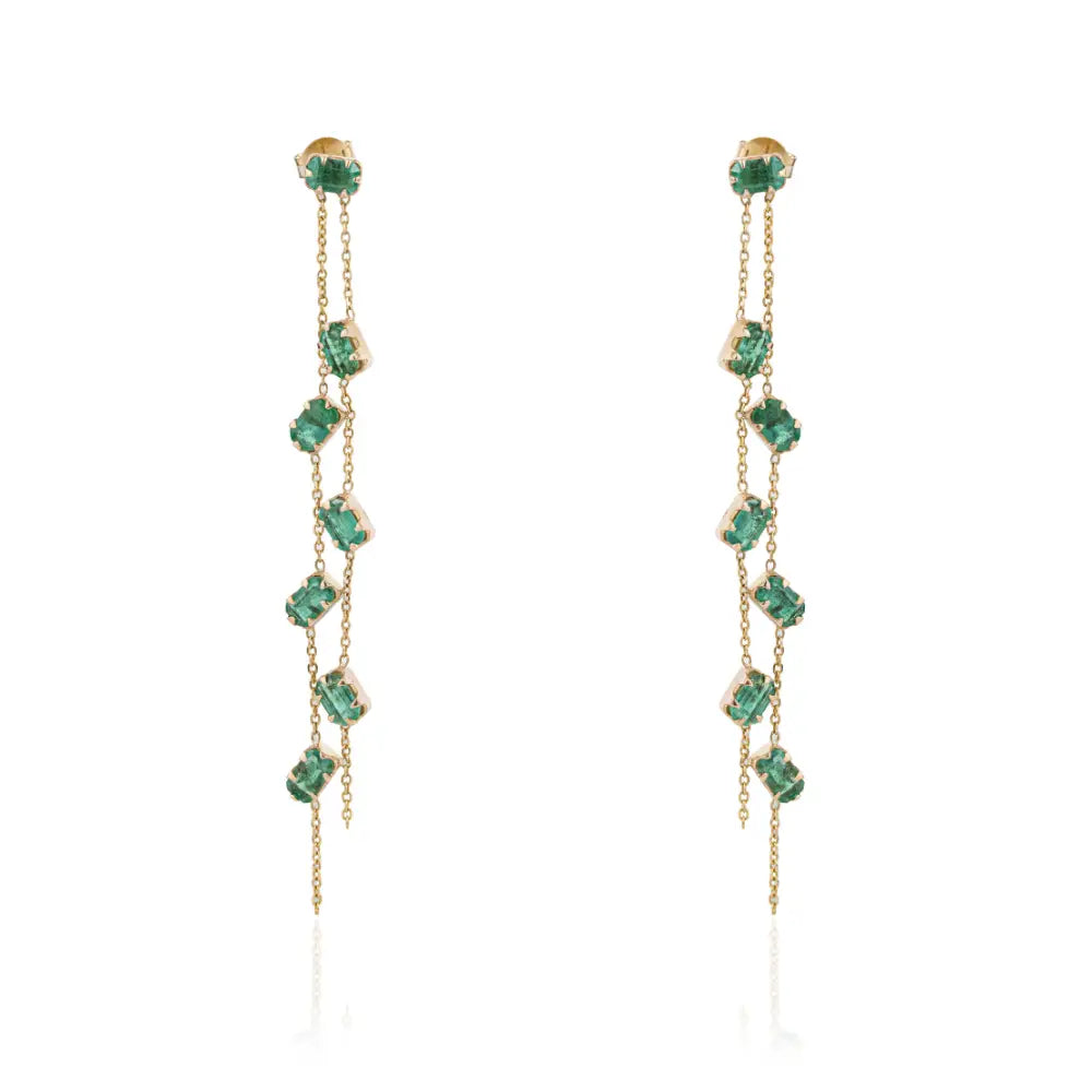 Pinion Bezel Set Emerald 14K Real Yellow Gold Double Link Chain Long Dangle Earrings