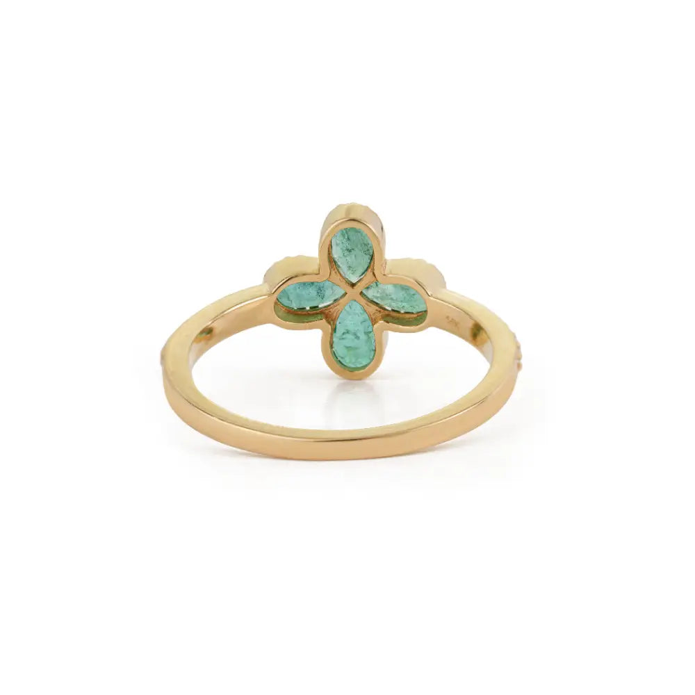 Latest Design 14K Pure Yellow Gold Emerald & Diamond Four Leaf Clover Ring Stack Jewelry