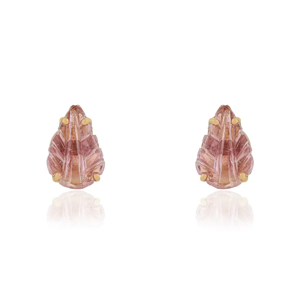Prong Set Pink Tourmaline Handmade Carving Leaf Shape Stud Earrings 14K Yellow Gold