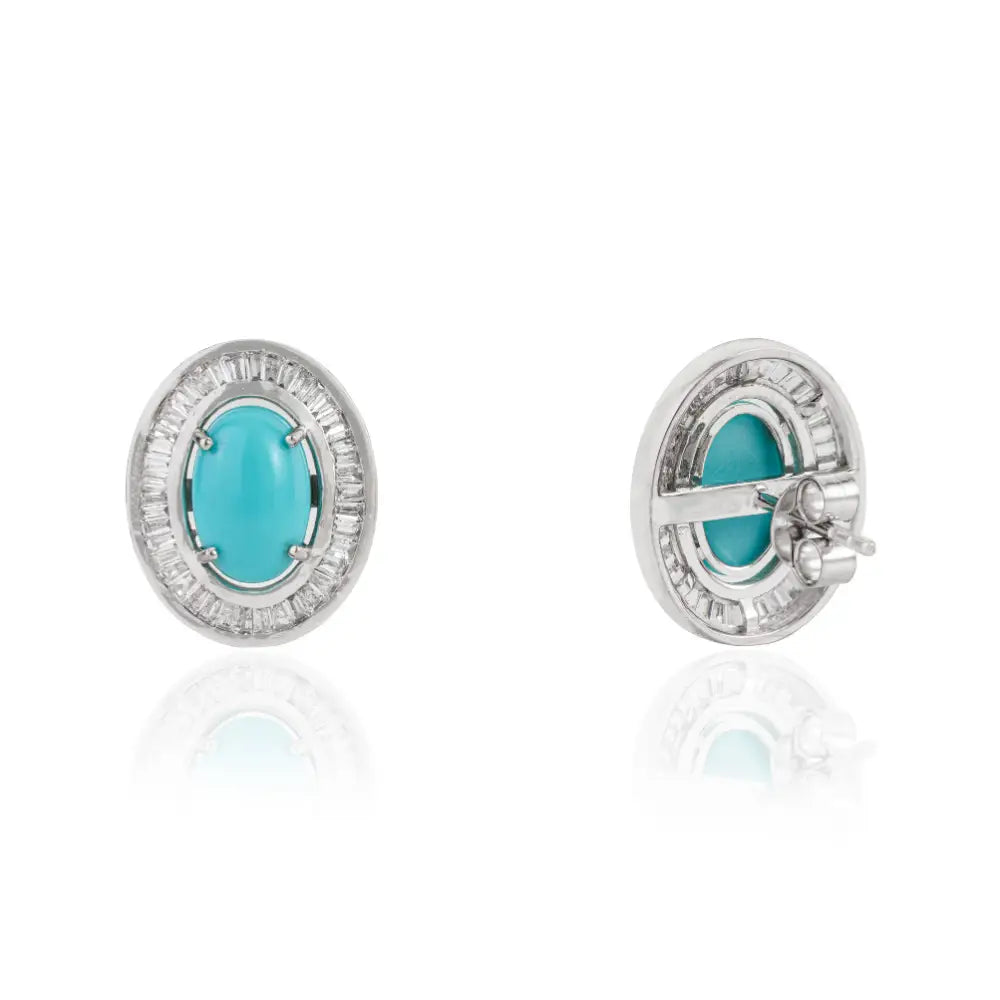 Best Selling 9x6mm Oval Cut Turquoise & Diamond Halo Stud Earrings 14K White Gold Jewelry