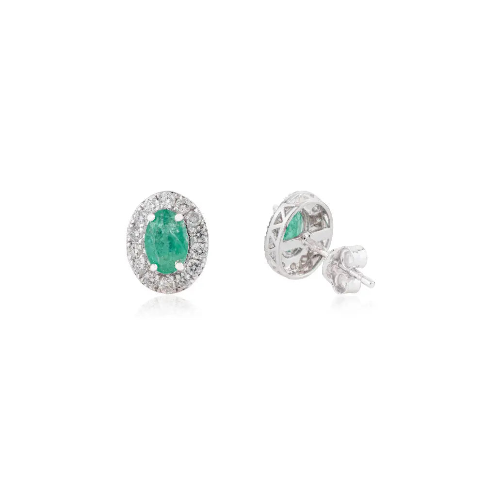 Oval Shape Emerald & Round Cut Diamond Halo Stud Earrings Minimal 14K White Gold Jewelry