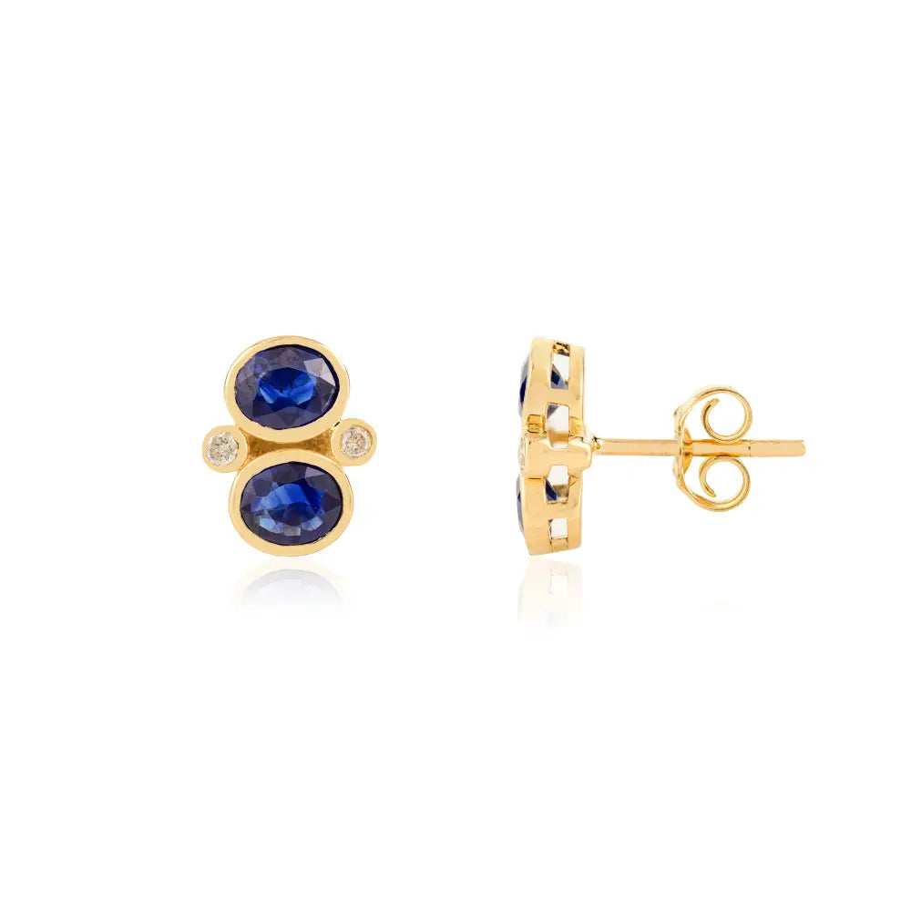 Bezel Set Blue Sapphire & Diamond K18 Yellow Gold Minimal Stud Earrings Custom Jewelry