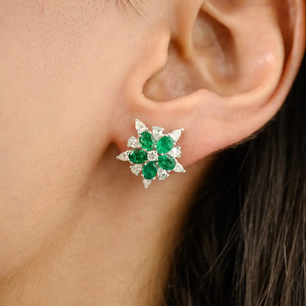 Emerald & Diamond 18K White Gold Flower Shape Stud Earrings Luxury Statement Jewelry