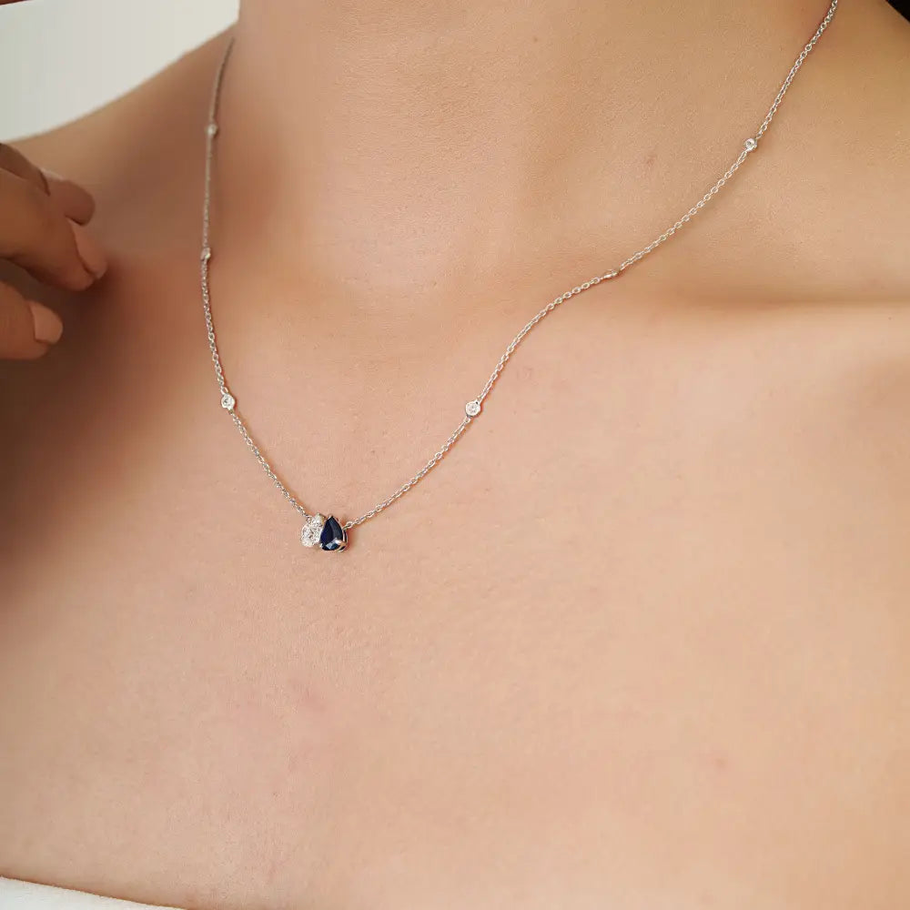 Latest Design Real Blue Sapphire & Diamond Toi et Moi Pendant Necklace K14 White Gold Jewelry