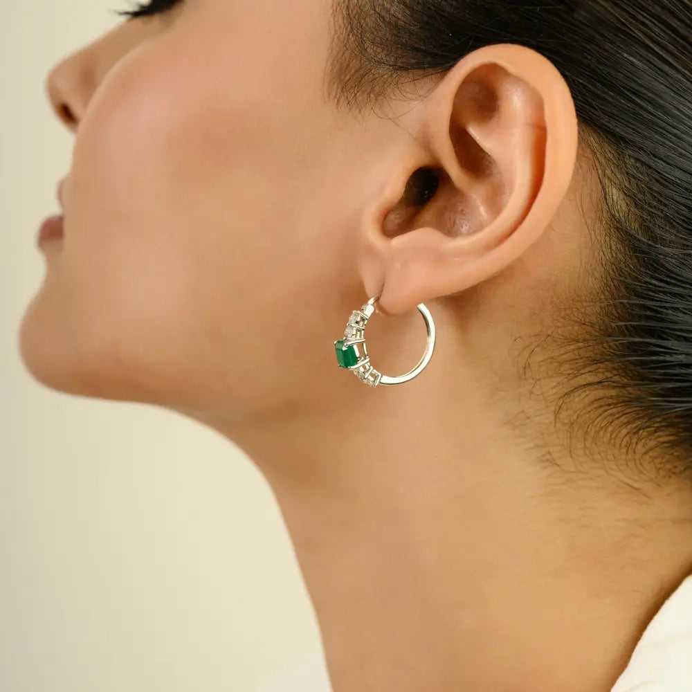 Prong Setting Emerald & Diamond K14 White Gold Everyday Hoop Earrings For Women Gift