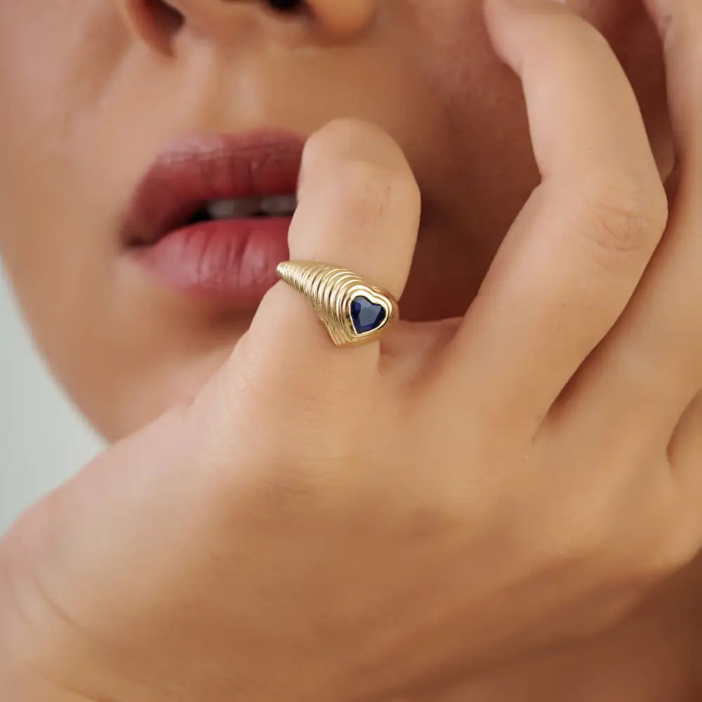 Gypsy Set Blue Sapphire Gemstone Heaty Shape Croissant Pinky Ring 14K Yellow Gold Jewelry