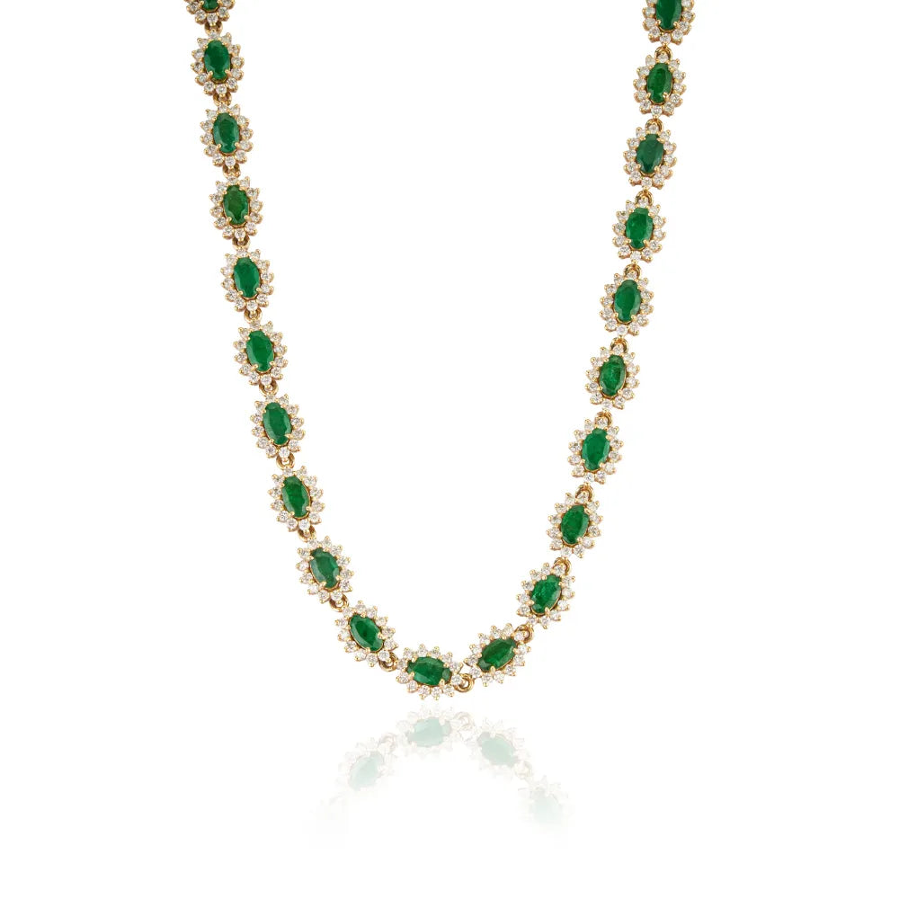 9.88ct. Zambian Emerald & Diamond Pure K14 Yellow Gold Cluster Tennis Necklace May Birthstone Jewelry